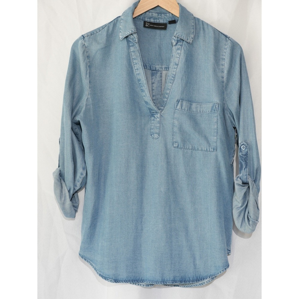 New York & Company Chambray Blouse Women Medium Light Blue Roll Tab Denim Top